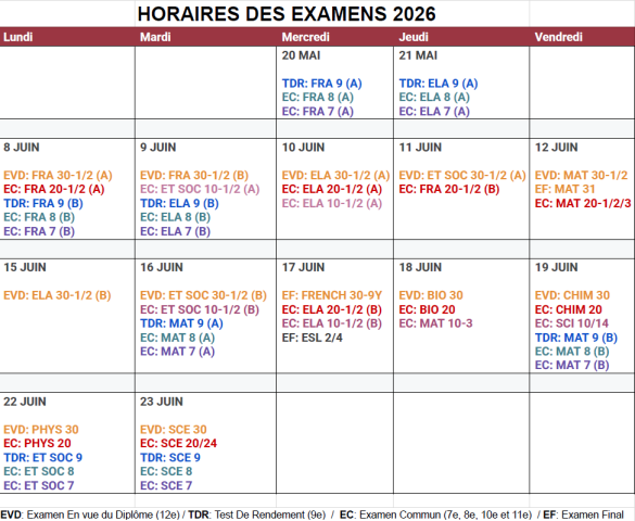 Horaire des examens 2026