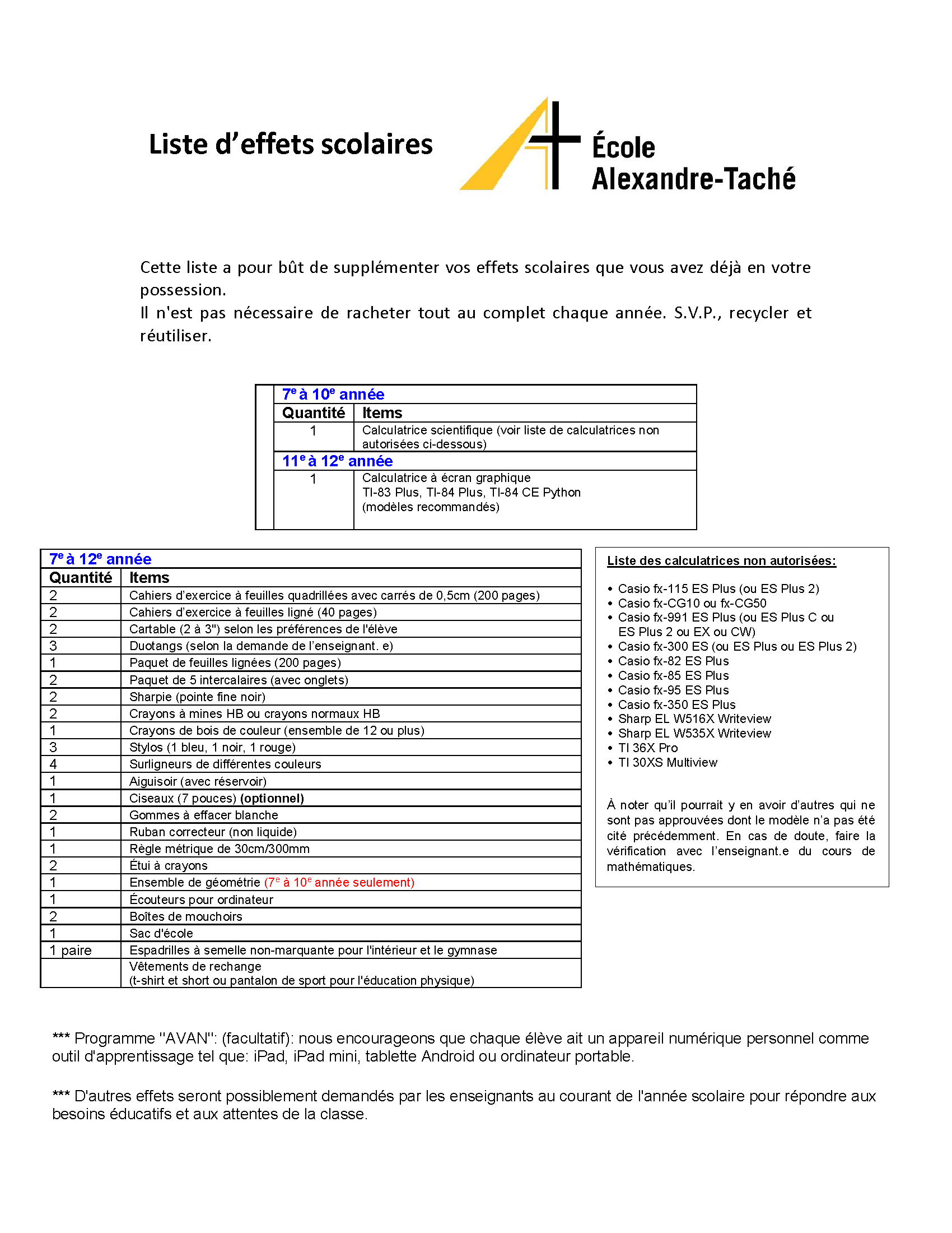 Effets scolaires 2026 2027